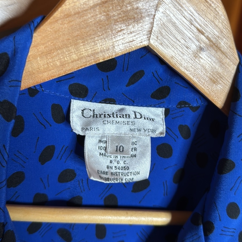 Vintage Christian Dior Chemises Blue Polka Dot Button Down Blouse 80s Size 10 - Picture 7 of 10